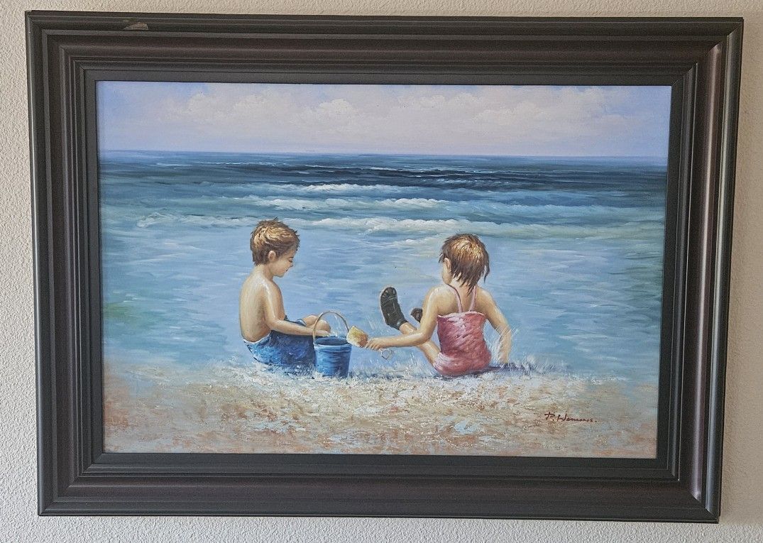 P Watkins Walking On The Beach Boy & Girl Oil Painting 44"x32" Seascape Nautical