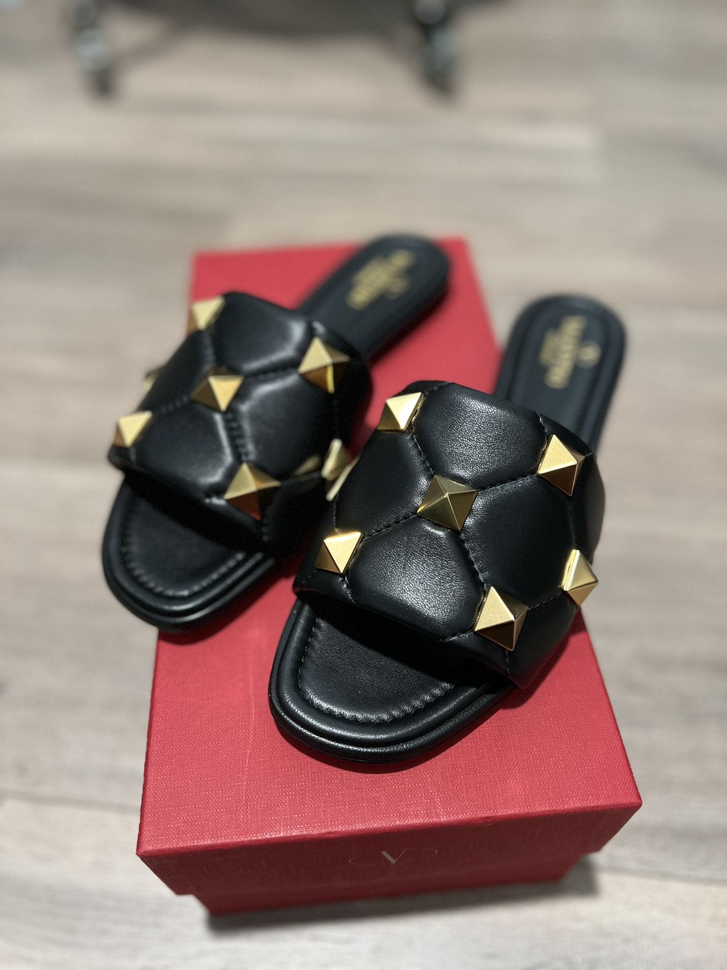 Valentino Roman Stud Flat Slide Black