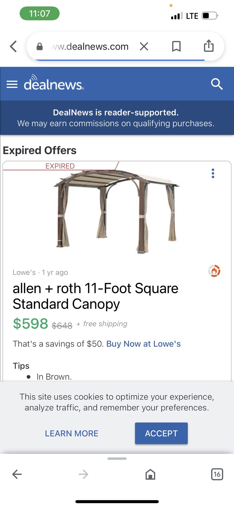 allen + roth 11 Foot Square Standard Canopy $598 $648 + free shipping That's a savings of $50. Buy Now at Lowe's