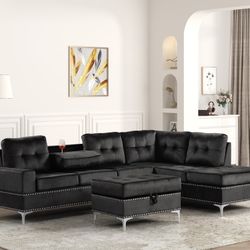 Anserra Black Reversible Sectional + Ottoman Set