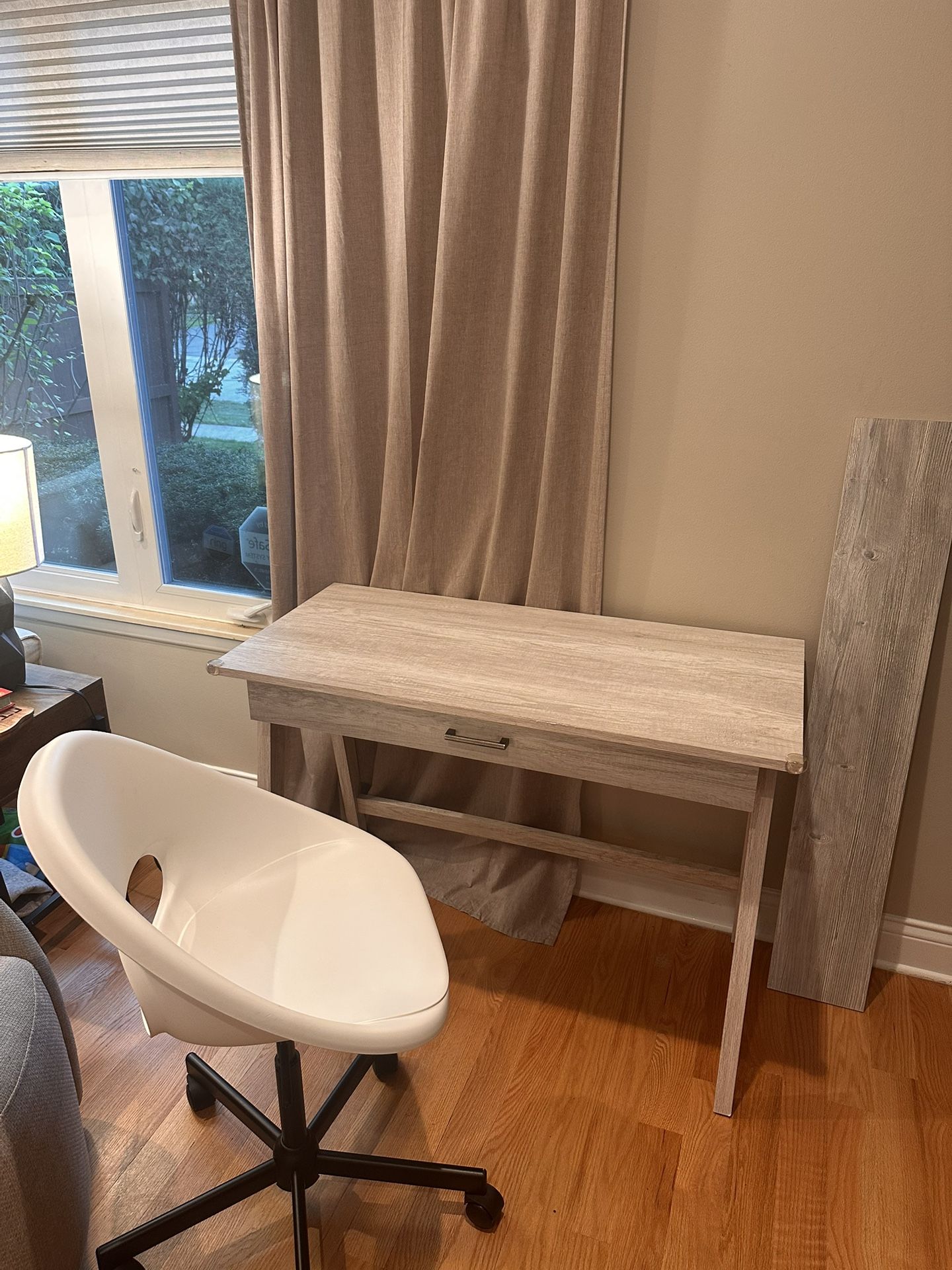 Desk With Drawer, Chair, And Wall Shelf