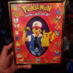 Vintage 1999 POKEMON Gotta Catch Em All! Poster Ash Pikachu 8" x 10" Framed