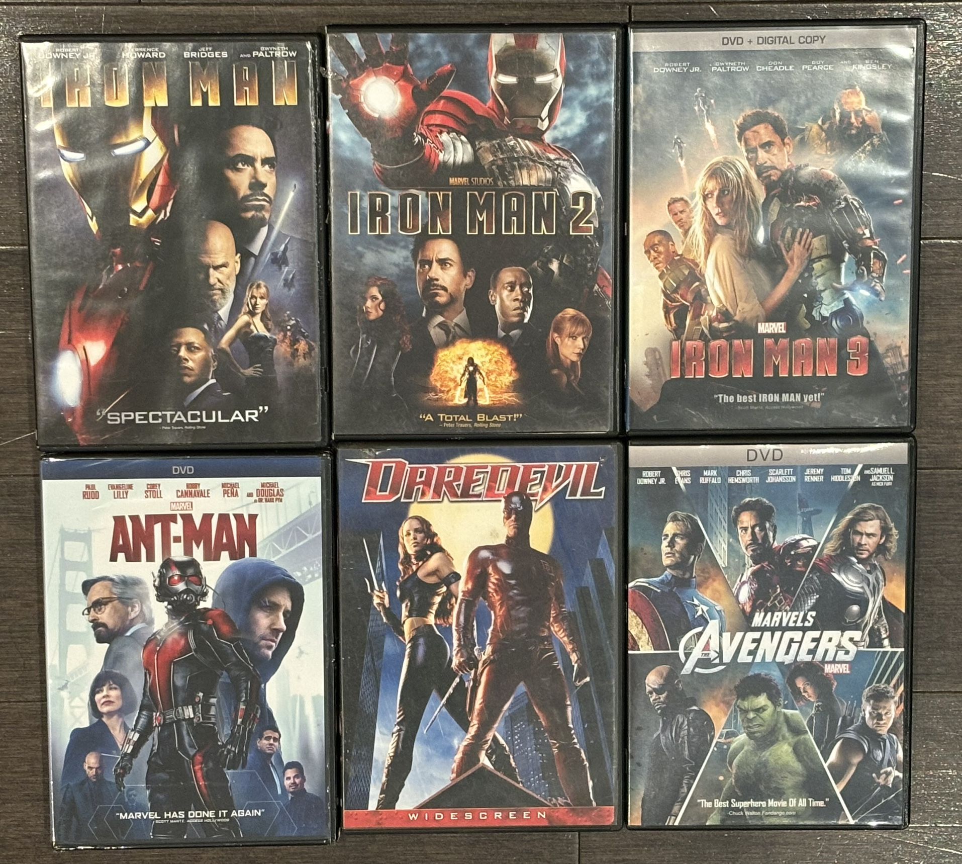 6 MARVEL DVD MOVIES THE AVENGERS, DAREDEVIL, ANT-MAN, IRON MAN 1, 2, 3