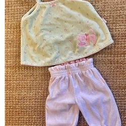 6 M Le Top velour set so soft, pink stripe, comfy bottoms, peel green kitten, rose bed swing top just add turtleneck or onesie nice and warm