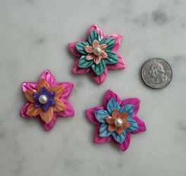Lot Of Three Carved Shell Flower Pendants With Pearl 