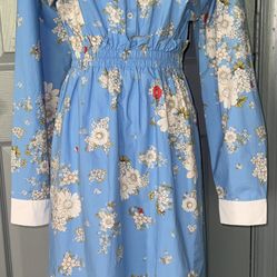 No. 21 Floral Blue Fantasia Base Midi Long Sleeve Side Slit Shirt Cotton Dress.