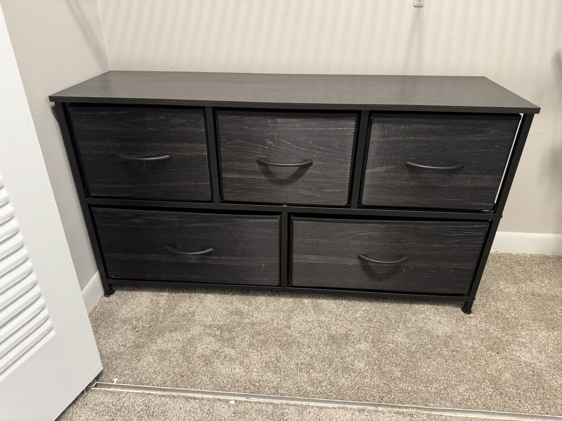 Dresser with 5 Fabric Drawers Charcoal Black Wood Grain Print