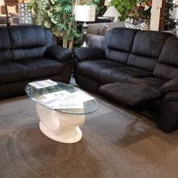 Brand New Black Padded Suede Manual Reclining Sofa + Loveseat 2PCs Set