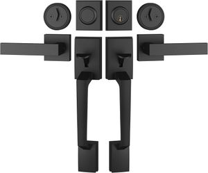 Matte Black Double Front Door Handle Set, French Door Locks for Double Doors with Smooth Deadbolt & Dummy Handle, Double Door Lock Easy to Install, Du