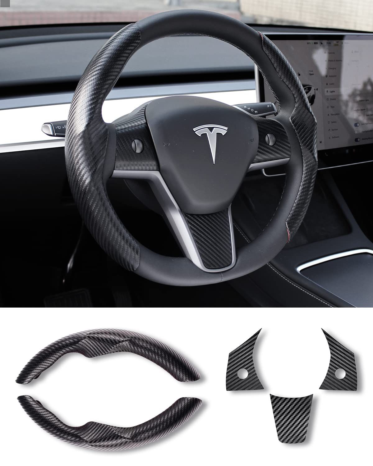 Uxcer Tesla Model 3/Y Steering Wheel Cover, Carbon Fiber Steering Wheel Wrap Stickers For Tesla Model 3 Model Y 2017-2021 2022 2023 2024 Interior Acce