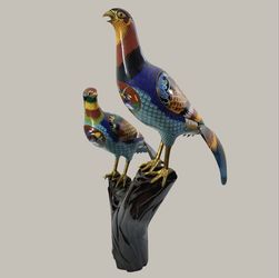 Large Vintage Chinese Cloisonné Pheasant Pair on Wood Stand – 28.5″ Tall