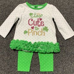 Koala Kids girls 9-12 month artsy shimmery Too Cute to Pinch St Patrick’s Day polka dot tunic top and leggings outfit 