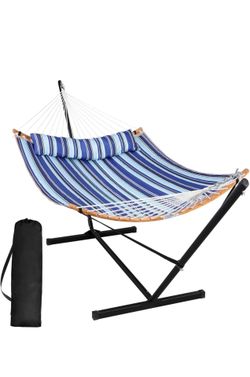 Double Hammock with Stand Included, Blue Stripes Portable Hammock with Stand and Large Pillow