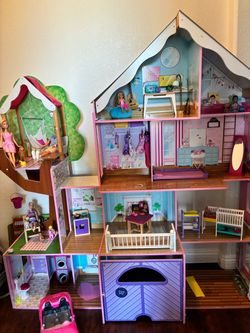 Large Wooden Dollhouse with Furniture and Dolls