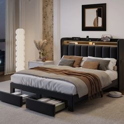 Black Full Size Bed Frame With 2 Storage Drawers