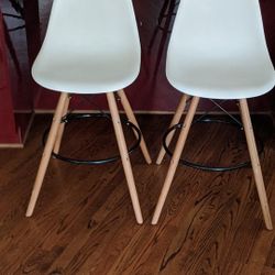 Eams Style set of 2 Mid Century Modern Counter Bar Stools w/Wooden Legs, Footrests