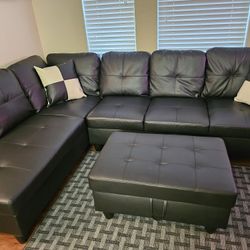 Black Faux Leather Sectional + Ottoman