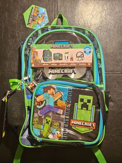 Minecraft Mode Green Backpack Set with Lunch kit, Headphones and Water Bottle