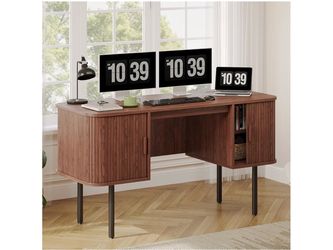 55 Inch Fluted Computer Desk with Outlets, Home Office Desk, Walnut Wood Executive Desks with 2 Storage Cabinets, Mid Century Modern Large Desk with M