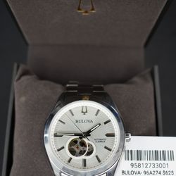 Bulova 96A274 Men's Automatic 21 Jewels Open Heart Watch Silver Dial 43mm
