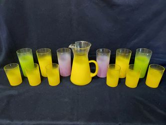 Vintage Blendo Yellow Green Purple Frosted Pitcher, 6 Tall and 6 Short Glasses