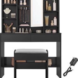Vanity Desk with Mirror and Lights, Makeup Vanity with Upholstered Vanity Stool, Dimmable LED Lights, Adjustable Shelves, 7 Compartments, 