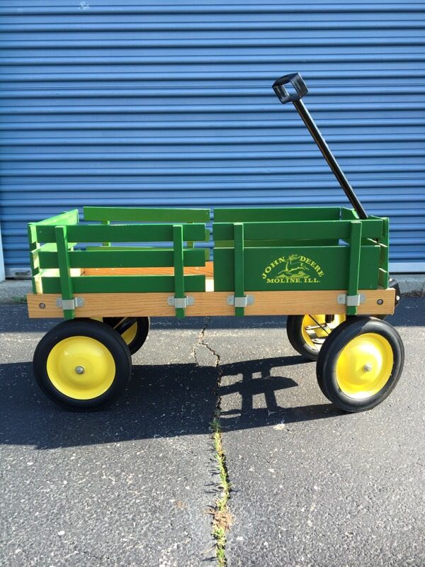 JOHN DEERE VINTAGE RARE 50's STYLE LOGO WOODEN STAKE COLLECTORS PULL WAGON