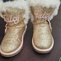 Like New Girls' Juicy Couture Pink & Gold Glitter Faux Fur Boots Size 11 Kids