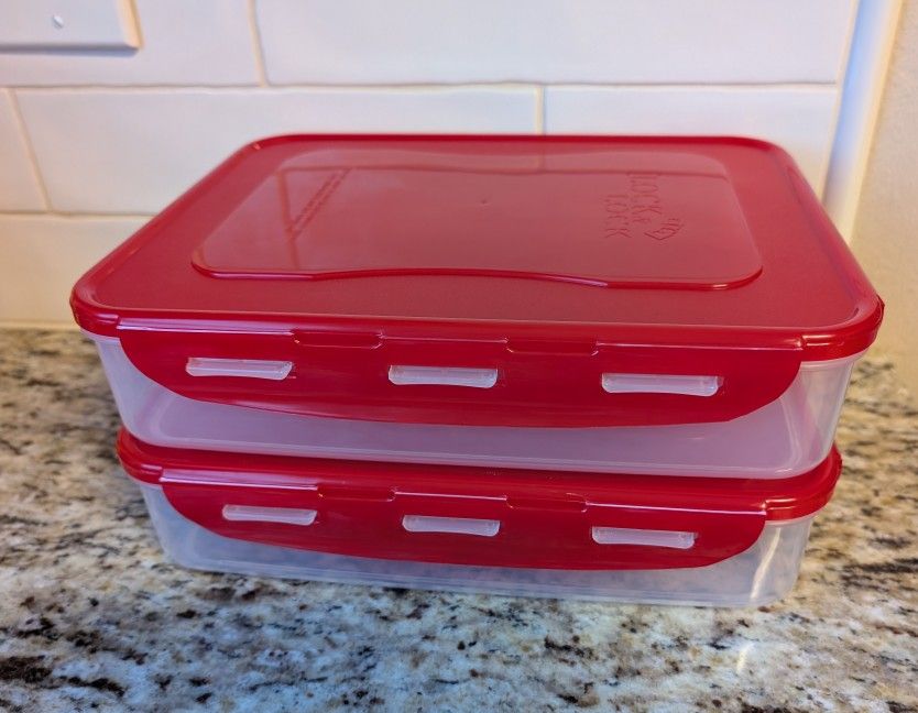 Lock N Lock Set of 2 Rectangular Storage Containers 8" x 11" Red Lid NEW