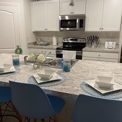 Blue Designer dining room bar stool chair accent side with wooden legs