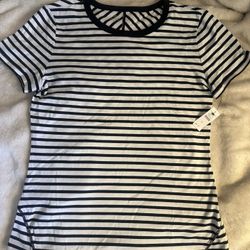 Talbots Black & White Stripe Stitching Detailed Tee