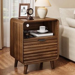 19.7'' Wide End Table with Charging Station,Fluted Accent Side Table with Drawer & Open Cubby Storage,Mid Century Nightstand for Bedroom,Living Room,W