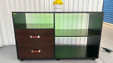 Modern LED Media Console with Drawers - leather handles