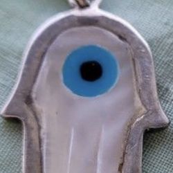 Sterling Silver Hamsa Pendant with Mother of Pearl & Evil Eye