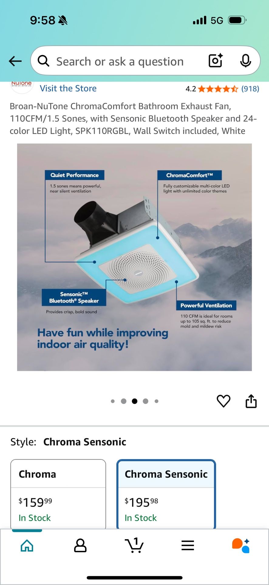 Broan-NuTone ChromaComfort Bathroom Exhaust Fan, 110CFM/1.5 Sones, with Sensonic Bluetooth Speaker and 24-color LED Light, SPK110RGBL, Wall Switch inc
