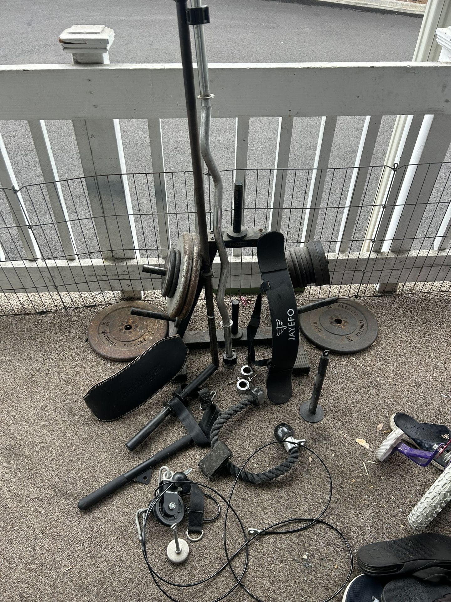 Assorted standard weight plates, adjustable dumbbells, barbells, curl bars, portable squat racks