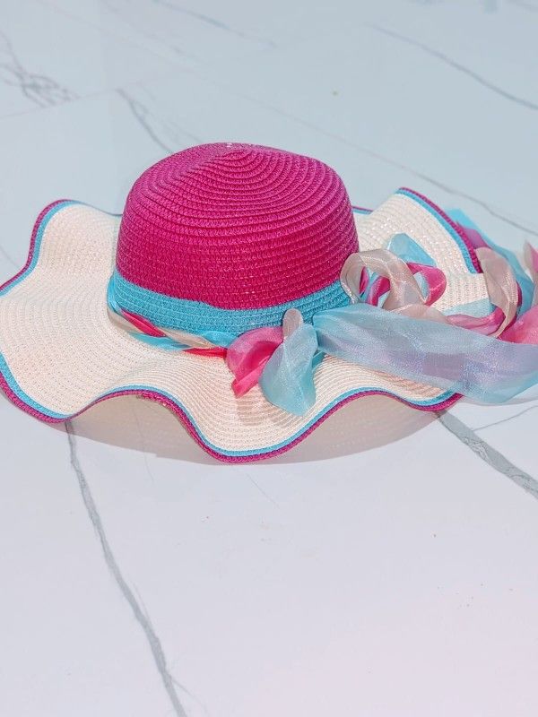 Girls’ Wide Brim Summer Hat – Pink & White with Colorful Ribbon Bow 🎀