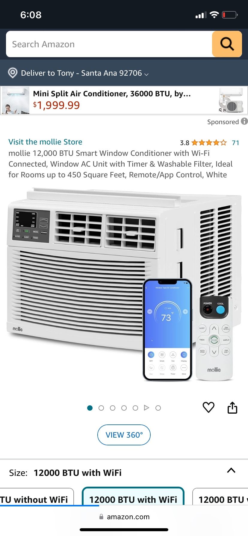 12,000 BTU Smart Window Conditioner with Wi-Fi Connected, Window AC Unit with Timer & Washable Filter, Ideal for Rooms up to 450 Square Feet, Remote