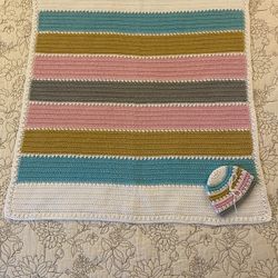 Newly Hand-Crocheted Baby Afghan with Hat