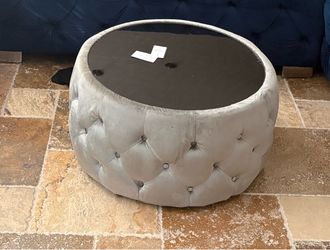 Round Tufted Velvet Ottoman with Glass Top