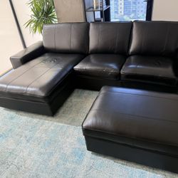 Black Leather Sofa with chaise & Ottoman 