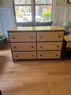 Solid, sturdy wood navy and honey oak bedroom set