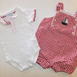 Janie & Jack Boys 3-6M FOURTH OF JULY Red Gingham Romper Shorts Outfit 