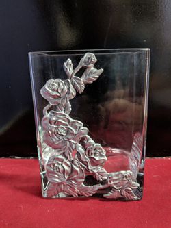 Beautiful Thick Glass Case with Pewter Rose Decoration