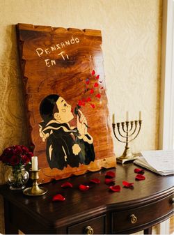 Vintage-F.Ellis- "Pensando En Ti" handmade marquetry-sad Pierrot clown w rose