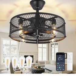 Caged Ceiling Fan with Light: 20" Farmhouse Fandelier with Lights and Remote & APP - Black Rustic Semi Flush Mount Bladeless Ceiling Fans Enclosed Fan