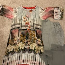 Silk Grey Printed Three Piece Dress 