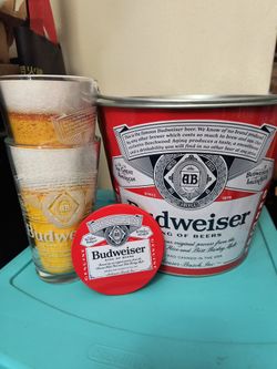 Bundle Of Budweiser Bucket, Glass Mugs And Coasters