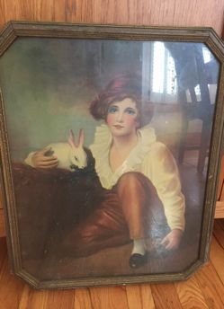 Antique Framed Print of Boy and Rabbit