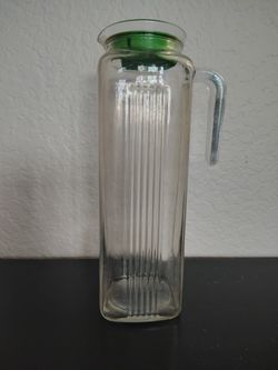  French Vintage Pasabahce Glass pitcher jar Ribbed W/ Green Lid  1500cc